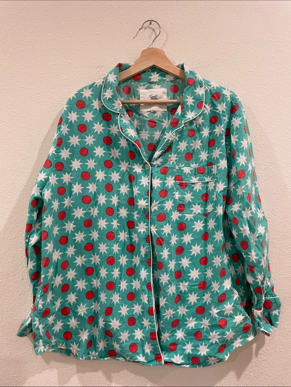 PrintFresh Matching Pajama Set Blue Star & Red Dot Button-Up Shirt Pants XL